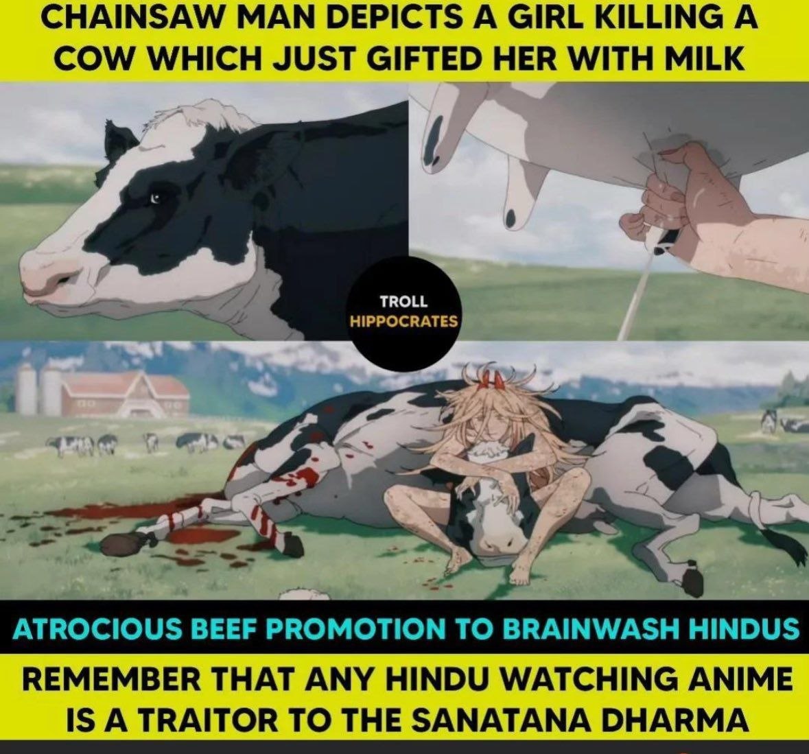 CHAINSAW МАМ DEPICTS А GIRL KILLING А COW WHICH JUST GIFTED HER WITH HIPPOCRATES TROLL ATROCIOUS BEEF PROMOTION TO BRAINWAS HINDUS REMEMBER THAT ANY HINDU WATCHING ANIME IS A TRAITOR TO THE SANATANA D
