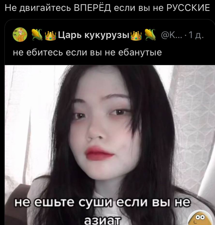 Не двигайтесь ВПЕРЕД если вы не РУССКИЕ Царь кукурузы не ебитесь если вы не ебанутые не ешьте суши если вы не азиат for
