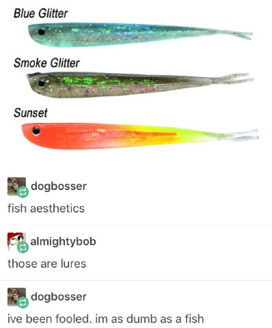 Blue Glitter Smoke Glitter Sunset dogbosser fish aesthetics almightybob those are lures dogbosser ive been fooled. as dumb as а fish