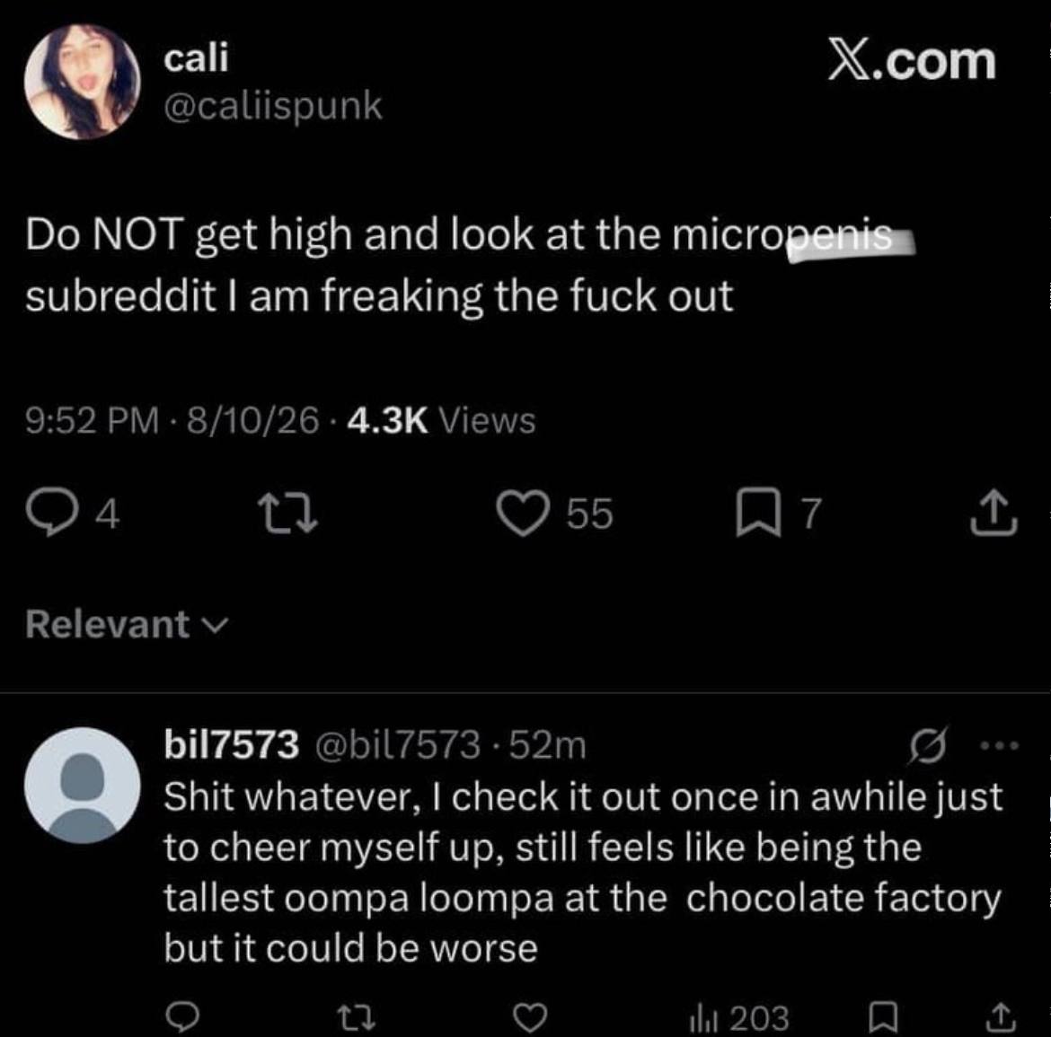 X.com у @caliispunk NOT get high and look at the subreddit freaking the fuck out 9:52 8/10/26 Views 04 7 Relevant bil7573 @bil7573 Shit whatever, check it out once awhile just to cheer myself up, stil