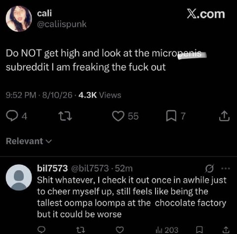 X.com у @caliispunk NOT get high and look at the subreddit freaking the fuck out 9:52 8/10/26 Views 04 7 Relevant bil7573 @bil7573 Shit whatever, check it out once awhile just to cheer myself up, stil