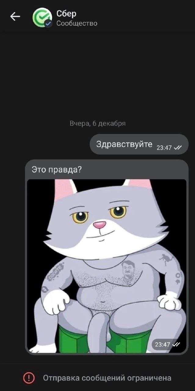 Сбер Сообщество Вчера, 6 декабря Здравствуйте 45.47 Это правда? 2 Отправка сообщений ограничена