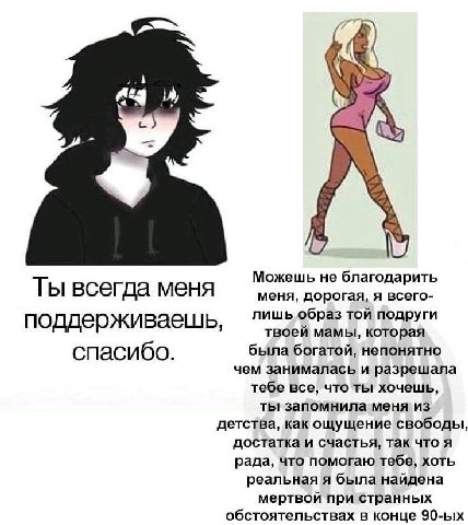 Можешь не благодарить Ты всегда меня меня, дорогая, я всего- лишь образ той подруги поддерживаешь, твоей мамы, которая спасибо. была богатой, непонятно чем занималась и разрешала тебе все, что ты хоче