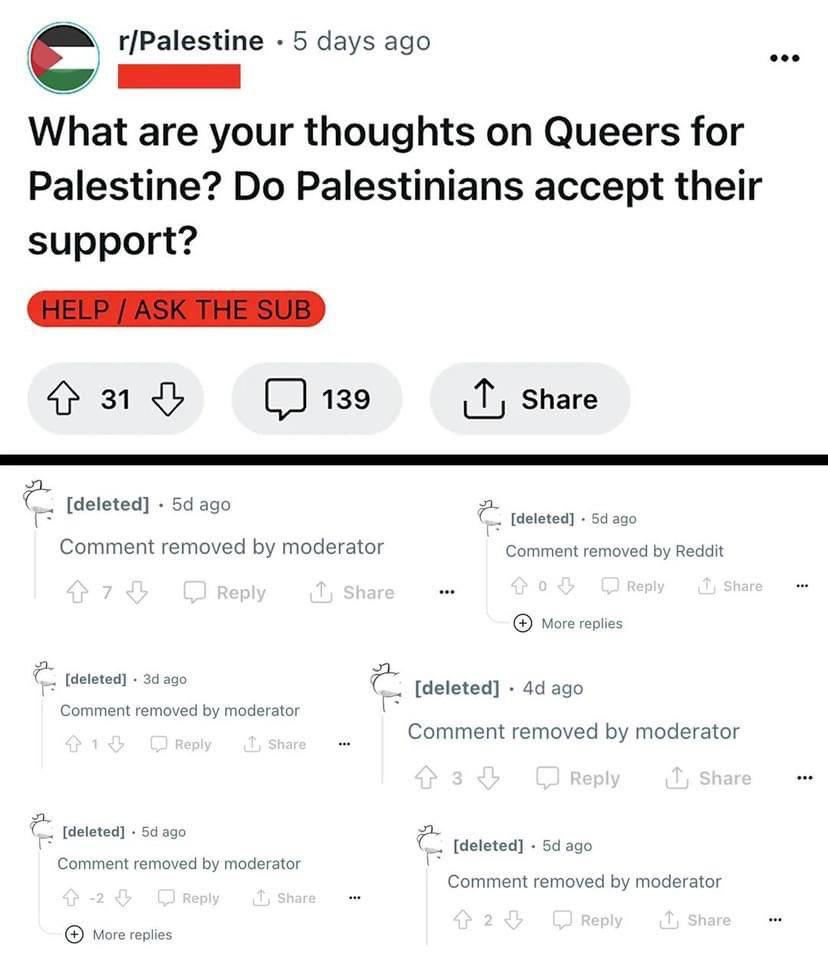 r/Palestine 5 days ago What are your thoughts on Queers for Palestine? Palestinians accept their support? 31 139 Share И [deleted] ago Comment removed moderator Comment removed Reddit More replies [de