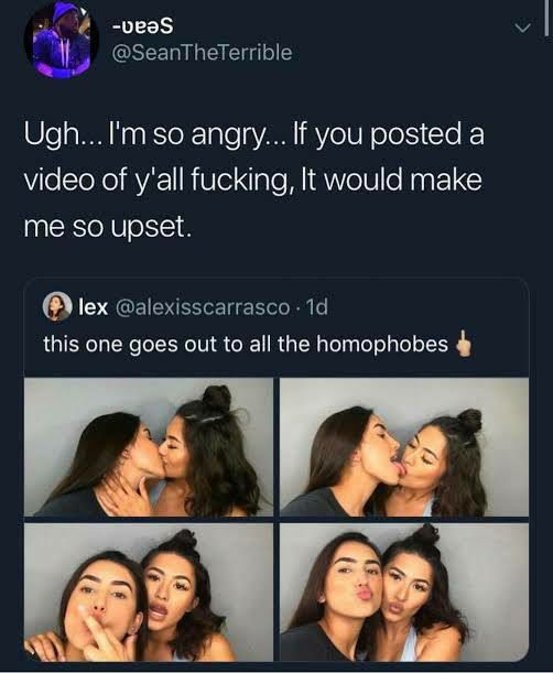 -veaS @SeanTheTerrible angry... If you posted а video of y'all fucking, It would make me so upset. lex @alexisscarrasco this one goes out to all the homophobes