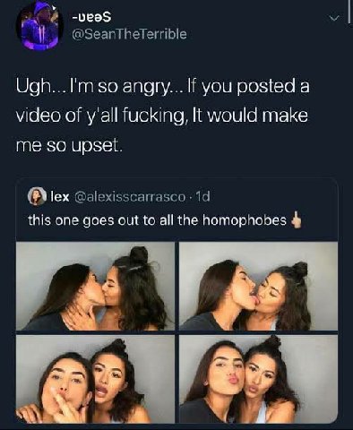 -veaS @SeanTheTerrible angry... If you posted а video of y'all fucking, It would make me so upset. lex @alexisscarrasco this one goes out to all the homophobes