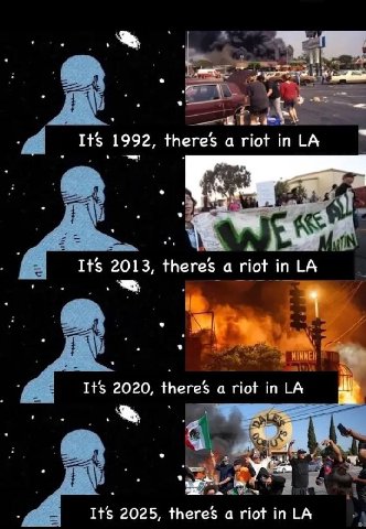 we Its 1992, theres а riot 4 \A Its 2013, theres a riot in Its 2020, theres а riot в It's 2025, theres а riot in
