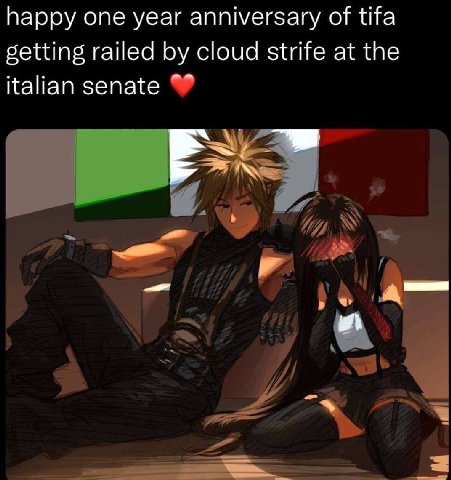 happy one year anniversary of tifa setting railed cloud strife at the italian senate