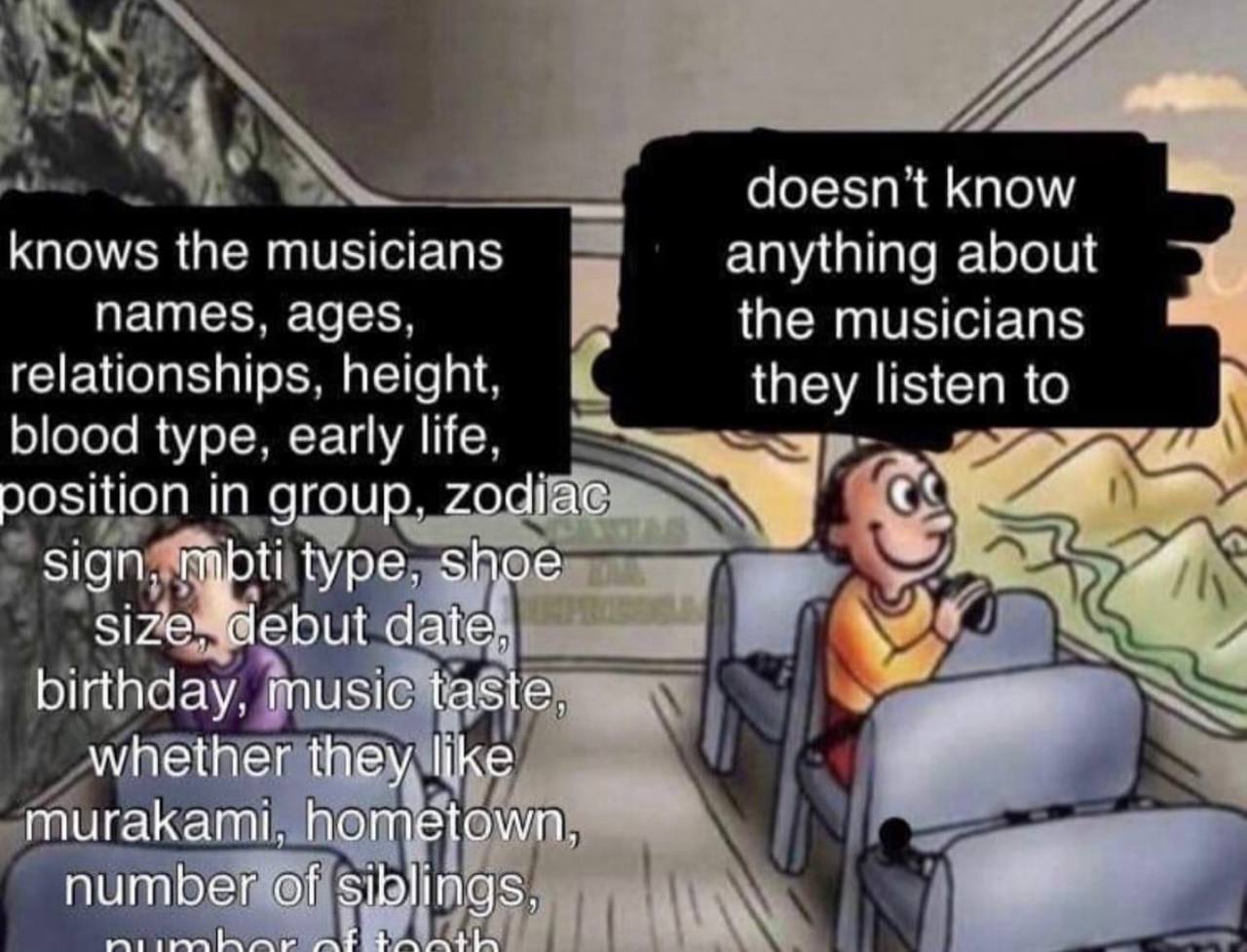 knows the musicians anything about NAMES, ages. the relationships. they listen to blood type. early life. position in group, Zodiac sign. при type. shoe 4 date. birthday. music whether they like murak