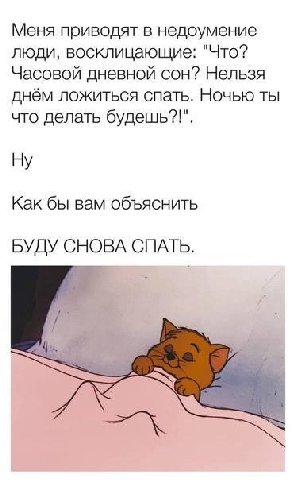 Меня приводят в недоумение люди, восклицающие: "Что? Часовой дневной сон? Нельзя днём ложиться спать. Ночью ты что делать будешь?!". Как бы вам объяснить БУДУ СНОВА СПАТЬ.