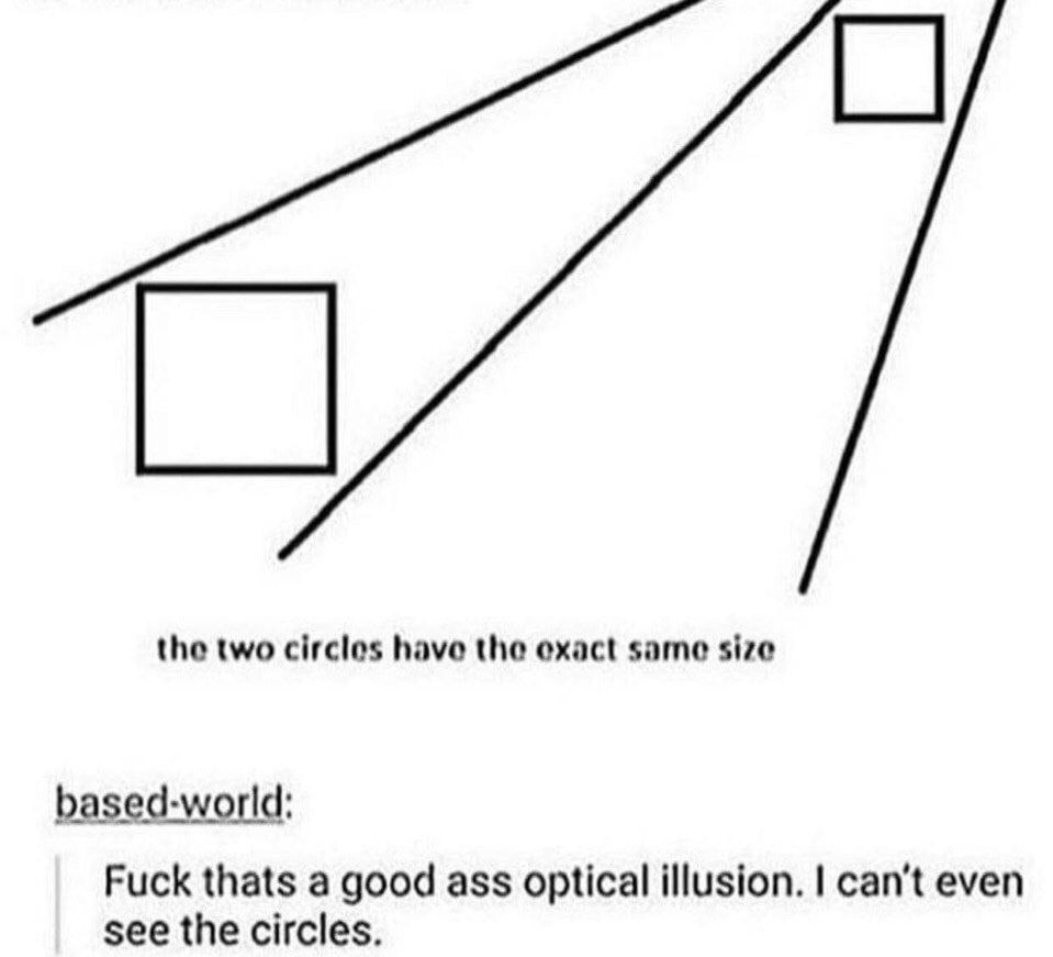 the two have the exact same size based-world: Fuck thats a good ass optical illusion. can’t even see the circles.