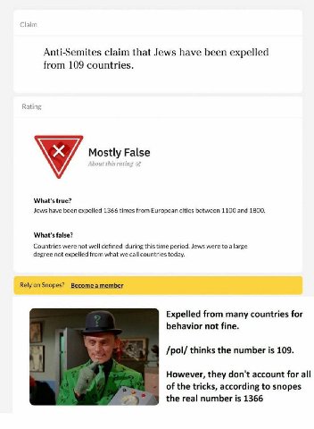 Clair Anti-Semites claim that Jews have been expelled from 109 countries. False What's true? Jews have been expelled 1366 times from European cities between 1100 and 1800. What's false? Countries were