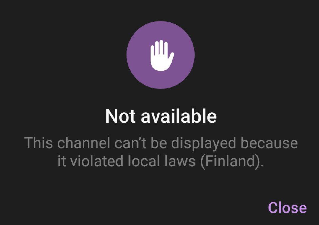 Not available This channel can't be displayed because it violated local laws (Finland). Close