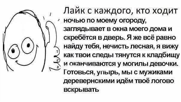 Лаик с каждого, кто ходит ночью по моему огороду, заглядывает в окна моего дома и скребётся в дверь. Я же всё равно найду тебя, нечисть лесная, я вижу как твои следы тянутся к кладбищу и оканчиваются 