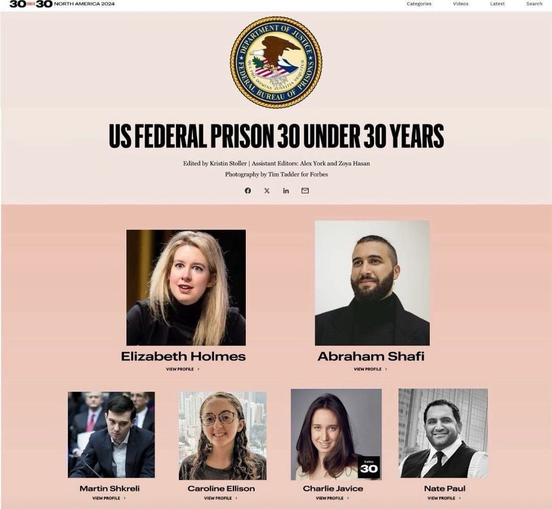 NORTH AMERICA 2024 bat 2. FEDERAL PRISON 30 UNDER 30 YEARS Edited Kristin Stoller Assistant Editors: Alex York and Zoya Hasan Photography Tim Tadder for Forbes о in a Elizabeth Holmes Abraham Shafi vi