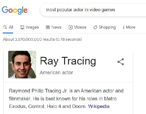 Google most popular actor in video games ОСА! Images News Videos Shopping More About 3,570,000,000 results (0.78 seconds) Ray Tracing American actor Raymond Philip Tracing is an American actor and fil
