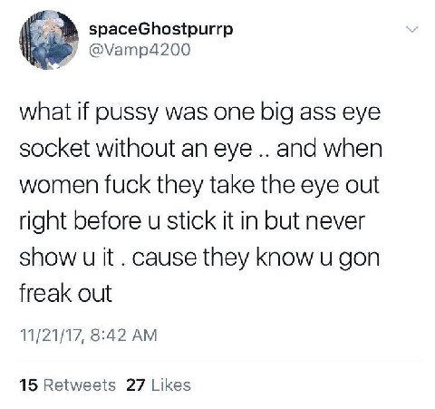 spaceGhostpurrp @Vamp4200 what if pussy was one big ass eye socket without an eye and when women fuck they take the eye out right before stick it in but never show и it cause they know и gon freak out