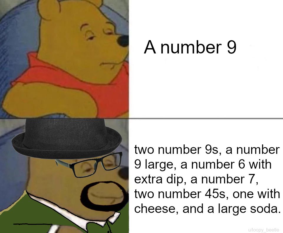 A number 9 two number 9$, a number 9 large, a number 6 with extra dip, a number 7, two number one with cheese, and a large soda.