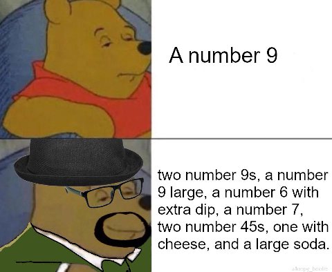 A number 9 two number 9$, a number 9 large, a number 6 with extra dip, a number 7, two number one with cheese, and a large soda.