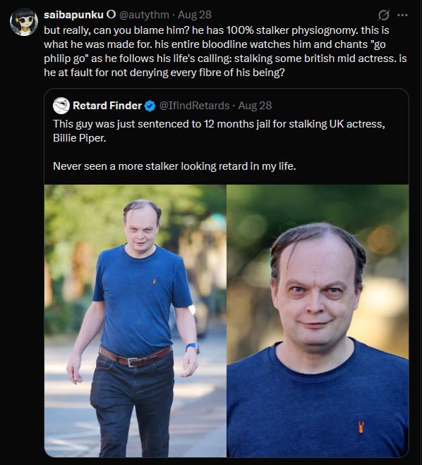 saibapunku О @autythm Aug 28 but really, can you blame him? he has 100% stalker physiognomy. this is what he was made for. his entire bloodline watches him and chants philip as he follows his life's c