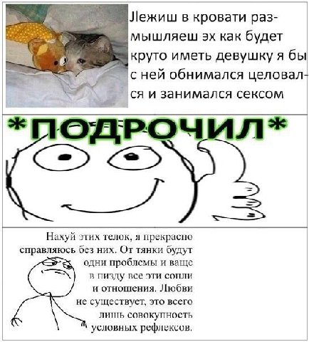 Лежиш в кровати раз- мышляеш как будет круто иметь девушку я бы в’ с ней обнимался целовал- и занимался сексом этих этих телок, я прекрасно справляюсь без них. От тянки будут одни проблемы и ваще в пи