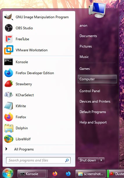 GNU Image Manipulation Program anon OBS Studio Documents Freelube Pictures VMware Workstation Music Konsole Games Firefox Developer Edition Computer Strawberry Control Panel KCharSelect Devices and Pr