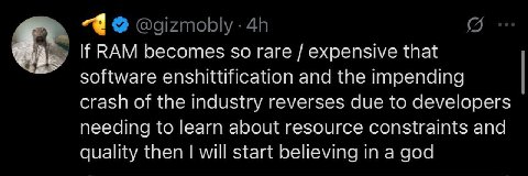 If RAM becomes so rare expensive that enshittification and the impending crash of the industry reverses due to developers needing to learn about resource constraints and quality then will start believ
