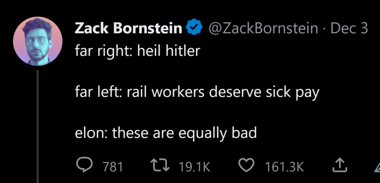 I have never heard a single leftist say anything positive about rail workers in my entire life, and the rail workers I know think that leftists are disgusting freaks who want to steal their money and