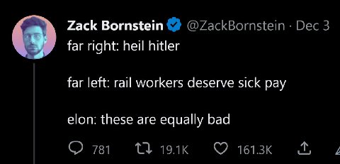 I have never heard a single leftist say anything positive about rail workers in my entire life, and the rail workers I know think that leftists are disgusting freaks who want to steal their money and
