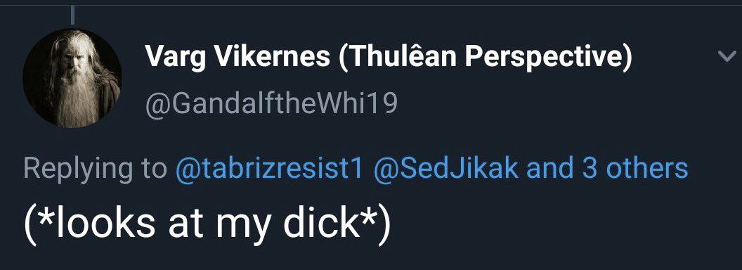 Varg Vikernes (Thuléan Perspective) @Gandalfthewhi19 Replying to @SedJikak and 3 others (*looks at my dick*)