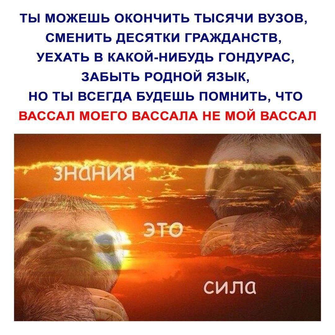 ТЫ МОЖЕШЬ ОКОНЧИТЬ ТЫСЯЧИ ВУЗОВ, СМЕНИТЬ ДЕСЯТКИ ГРАЖДАНСТВ, УЕХАТЬ В КАКОЙ-НИБУДЬ ГОНДУРАС, ЗАБЫТЬ РОДНОЙ ЯЗЫК, НО ТЫ ВСЕГДА БУДЕШЬ ПОМНИТЬ, ЧТО ВАССАЛ МОЕГО ВАССАЛА НЕ МОЙ ВАССАЛ НО сила