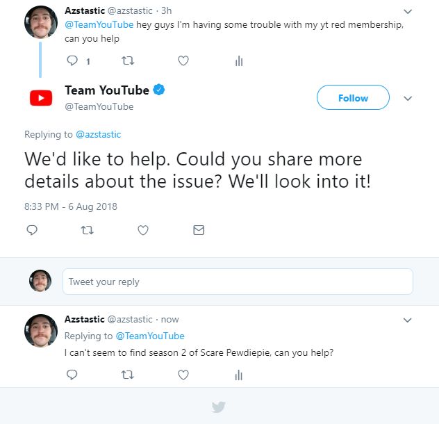 Azstastic @azstastic @TeamYouTube hey guys having some trouble with my red membership, can you help О 1 ili Team YouTube Follow @TeamYouTube Replying to @azstastic We'd like to help. Could you share m