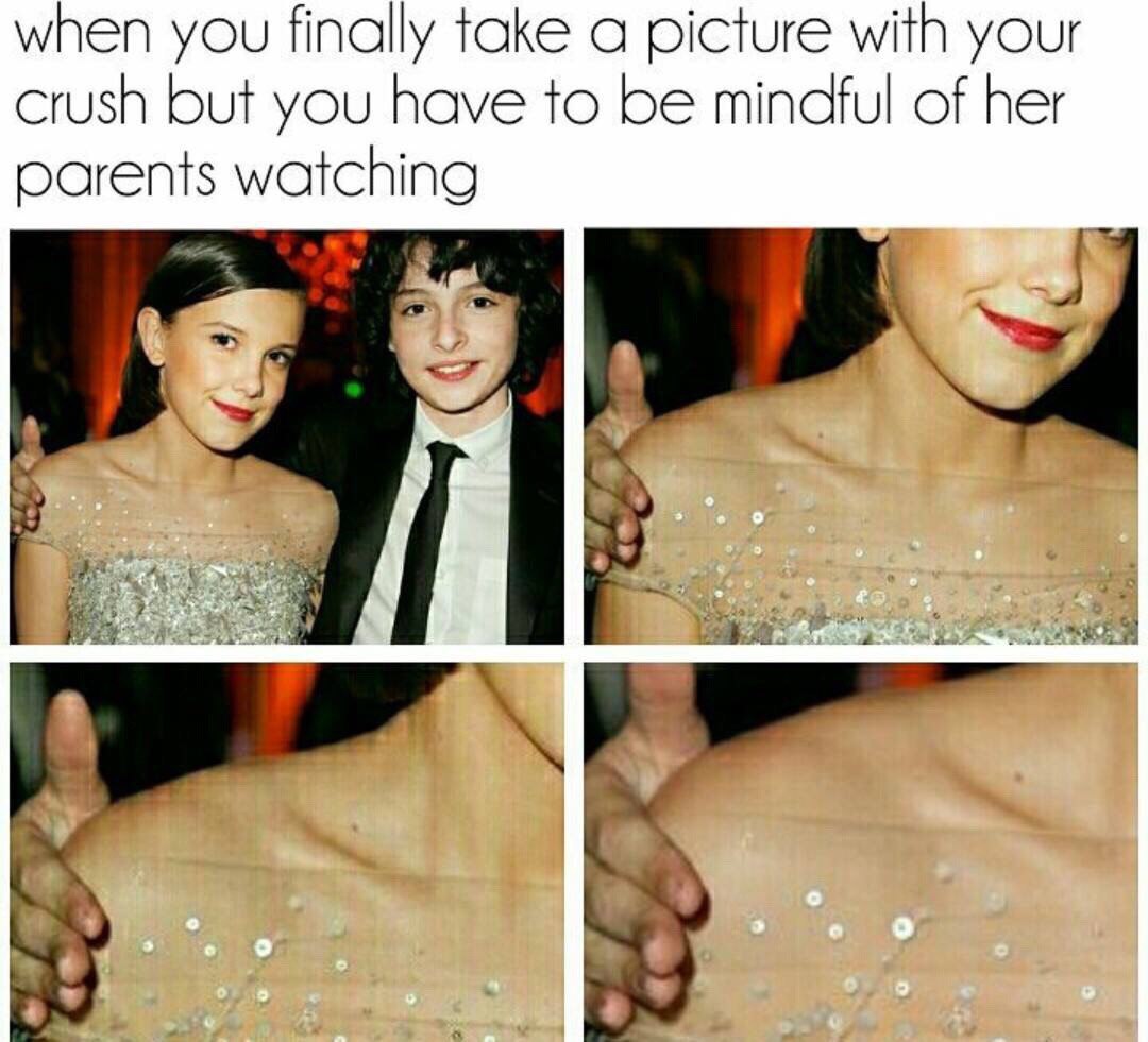 when you finally take а picture with your crush but you have to be minaful of her parents в