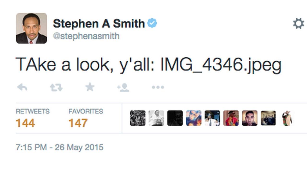 Stephen A Smith stephenasmith TAke a look, y'all: IMG_4346.jpeg RETWEETS FAVORITES 144 147 с 7:15 26 May 2015