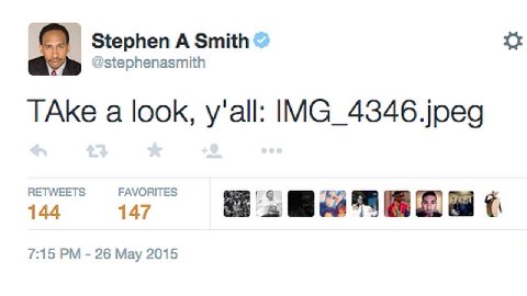 Stephen A Smith stephenasmith TAke a look, y'all: IMG_4346.jpeg RETWEETS FAVORITES 144 147 с 7:15 26 May 2015
