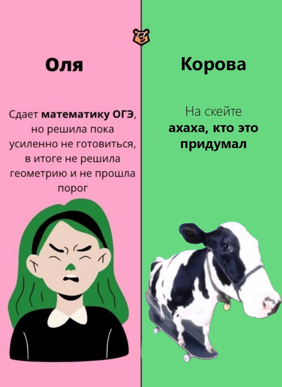 Оля Корова Сдает математику ОГЭ, На скейте но решила пока ахаха, кто это усиленно не готовиться, придумал в итоге не решила геометрию и не прошла порог