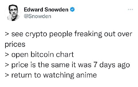 Edward Snowden @Snowden see crypto people freaking out over prices open bitcoin chart price is the same it was 7 days ago return to watching anime