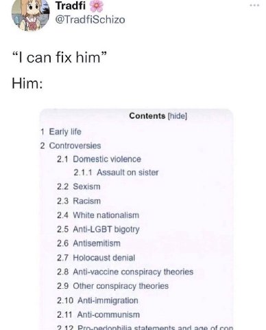 Tradfi @TradfiSchizo can fix him” Him: Contents [hide] 1 Early life 2 Controversies 2.1 Domestic violence 2.1.1 Assault on sister 2.2 Sexism 2.3 Racism 2.4 White nationalism 2.5 Anti-LGBT bigotry 2.6 