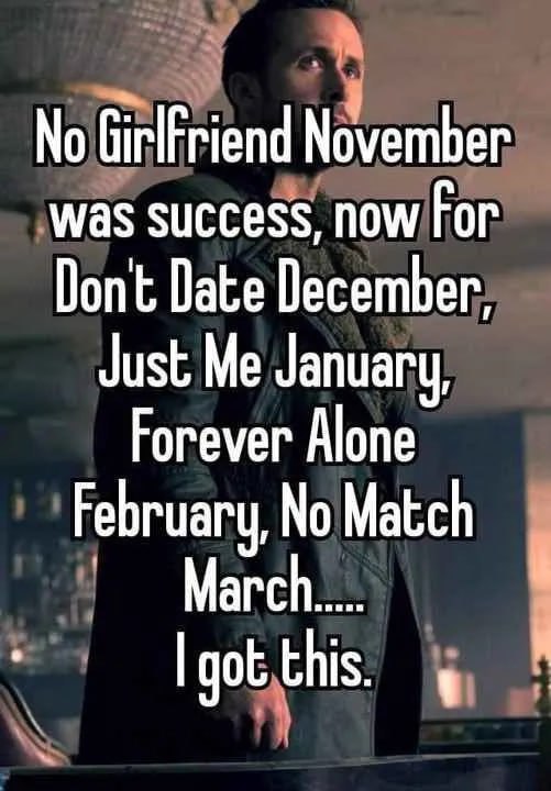 No Girlfriend November was success, now Гог Dont Date December, Just Me January, Forever Alone February, No Match March Igot