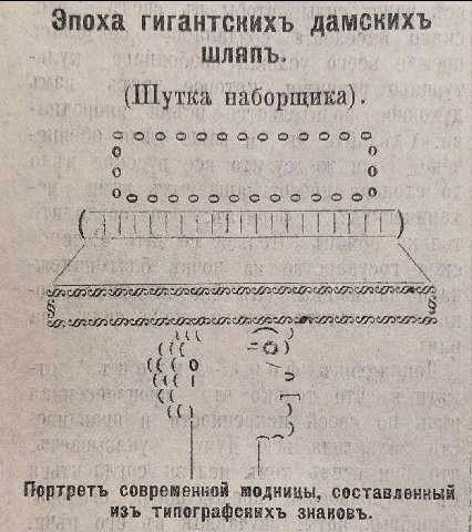 Эпоха гигантскихъ дамскихъ ШЛЯПЬ (Шутка наборщика) 0 о о Портретъ современной модницы, составленный изъ типографевихъ знановъ