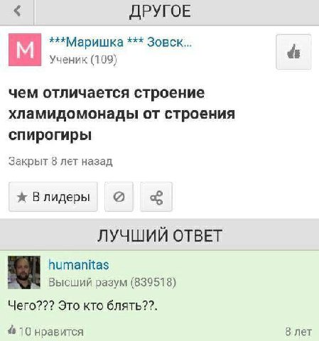 ДРУГОЕ Я ***Маришка Зовск... Ученик (109) чем отличается строение хламидомонады от строения спирогиры Закрыт 8 лет назад Влидеры ЛУЧШИЙ ОТВЕТ humanitas Высший разум (839518) Чего??? Это кто блять??. 1