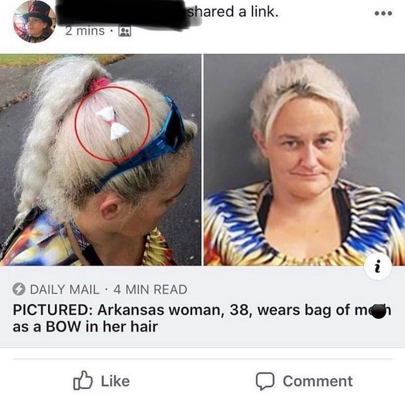 a link. a 59 DAILY MAIL 4 MIN READ PICTURED: Arkansas woman, 38, wears bag of as a BOW in her hair Like Comment