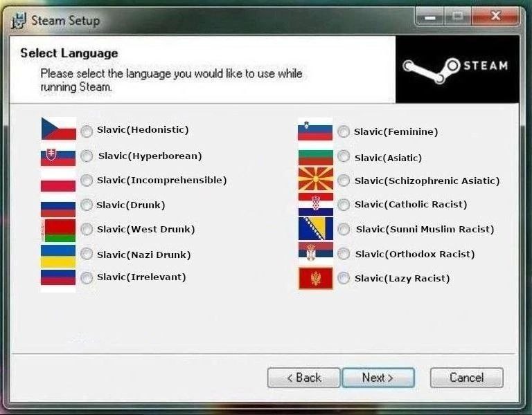 Steam Setu Select Language STEAM Please select the language you would like to use while running Steam. Slavic(Hedonistic) Slavic(Feminine) Slavic(Hyperborean) Slavic(Incomprehensible) Slavic(Schizophr