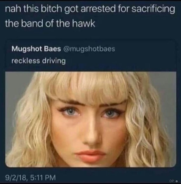 nah this bitch got arrested for sacrificing the band of the hawk Mugshot Baes @mugshotbaes reckless driving 9/2/18, 5:11
