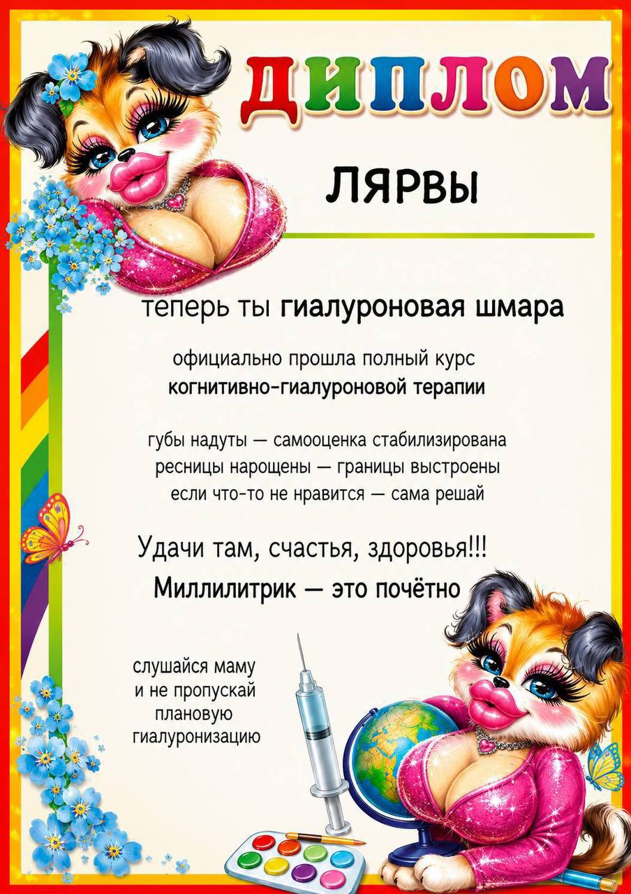 диплом 2 7’ ЛЯРВЫ 4 теперь ты гиалуроновая шмара официально прошла полный курс когнитивно-гиалуроновой терапии губы надуты самооценка стабилизирована ресницы нарощены границы выстроены если что-то не 