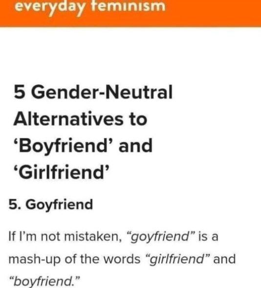 5 Gender-Neutral Alternatives to ‘Boyfriend’ and ‘Girlfriend’ 5. Goyfriend If not mistaken, “goyfriend” is a mash-up of the words “girlfriend” and “boyfriend.”