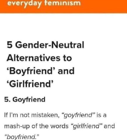 5 Gender-Neutral Alternatives to ‘Boyfriend’ and ‘Girlfriend’ 5. Goyfriend If not mistaken, “goyfriend” is a mash-up of the words “girlfriend” and “boyfriend.”
