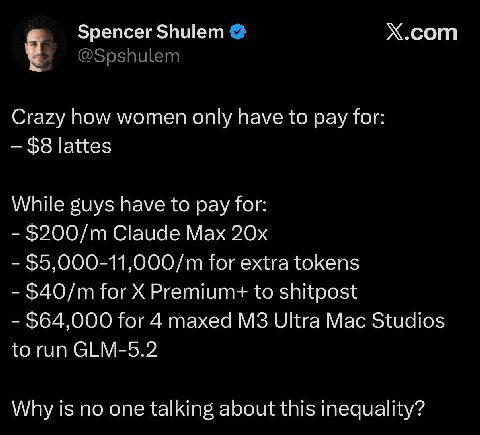и Spencer Shulem Х.сот Crazy how women only have to pay for: $8 lattes While guys have to pay for: Claude Max for extra tokens for Premium+ to shitpost $64,000 for 4 maxed Ultra Mac Studios to run GLM