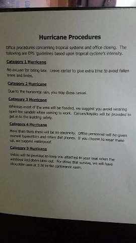 Hurricane Procedures Office procedures concerning tropical systems and office closing. The following are EPS ‘guidelines based upon tropical cyclone’s intensity. Category 1 Hurricane excuse for being 