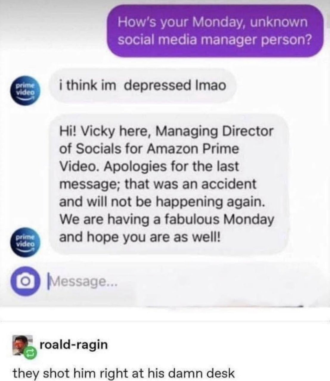 Мопаа social media manager person? i think depressed Imao Vicky here, Managing Director of Socials for Amazon Prime Video. Apologies for the last message; that was an accident and will not be happenin